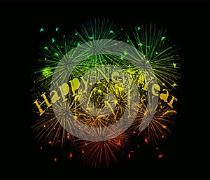 Fireworks and Happy New Year Greeting Background.
