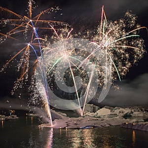 Fireworks at icelake Jokulsarlon