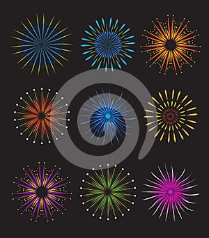 Fireworks icons set. Fireworks vector on black background. Holiday and party firework icons collection. Vector illustration