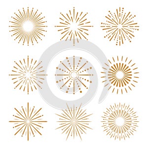 Fireworks icons set. 9 Gold fireworks isolated on white background.