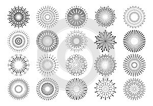 Fireworks icons. Sunburst rays and explosion symbols, Christmas and birthday party celebration pyrotechnics. Vector set