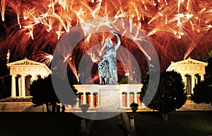 Fireworks at the illuminated Bavaria sculpture in Munich