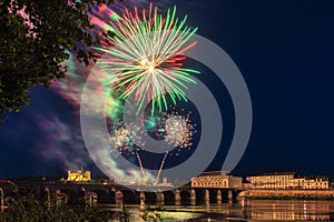 Fireworks on independence day quatorze juillet 14 July, Saumur, France