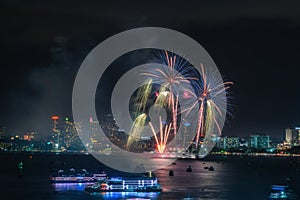 Fireworks international colorful Pattaya beach cityscape at night scene for advertise traveling event holiday