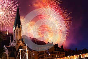 Firework lightens sky over St Georges church, Lyon
