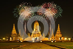 Fireworks with lighting-up of Wat Chaiwatthanaram.