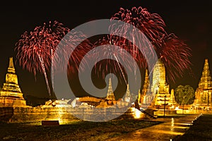 Fireworks with lighting-up of Wat Chaiwatthanaram.