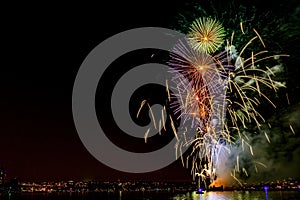 Fireworks lights over the ocean in a big city