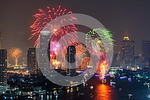 Fireworks of Loi Krathong festival in Downtown Bangkok on Chao P