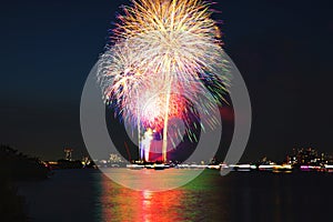 Fireworks near Edogawabashi river in Tokyo wide shot