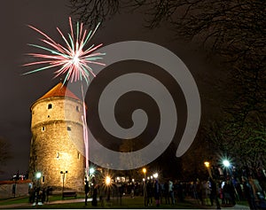 Fireworks near Kiek in de Kok tower in Tallinn