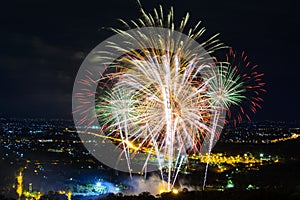 Fireworks on night city background