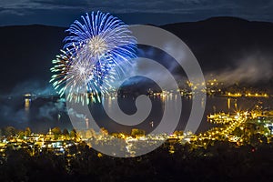 Fireworks at night over Lake George NY during Octoberfest photo