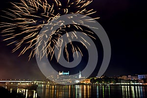 Fireworks with night panorama of Bratislava