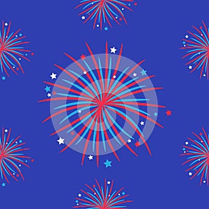 Fireworks night sky Seamless pattern. Happy independence day United states of America. 4th of July. Star and strip Flat design. Bl