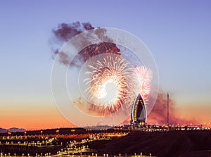 Fireworks over the 5-star hotel during the sunset in Ashgabat, Turkmenistan.