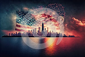 Fireworks Over and American Flag Over The Chicago Skyline - AI Generative