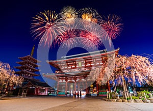 Fireworks over Asakusa temple at night in Tokyo, Japan