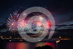 Fireworks over Bosphorus Strait, Istanbul, Turkey