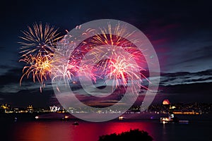 Fireworks over Bosphorus Strait, Istanbul, Turkey