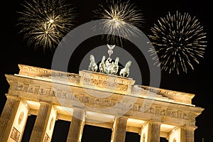 Fireworks over brandenburger tor in berlin