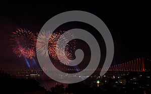 Fireworks over bridge in Istanbul, Turkey