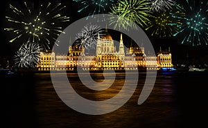 Fireworks over Budapest parliament at night