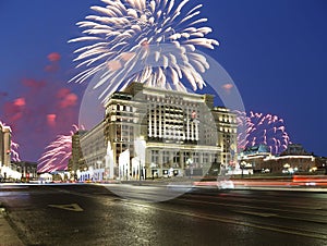 Fireworks over the Christmas and New Year holidays illumination and Four Seasons Hotel at night. Moscow. Russia