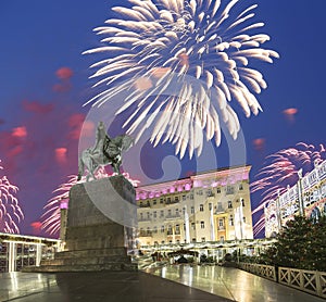 Fireworks over the Christmas and New Year holidays illumination. Yury Dolgoruky Monument, Russia