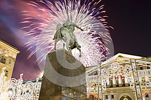 Fireworks over the Christmas and New Year holidays illumination. Yury Dolgoruky Monument, Russia