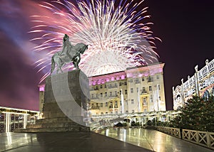 Fireworks over the Christmas and New Year holidays illumination. Yury Dolgoruky Monument, Russia