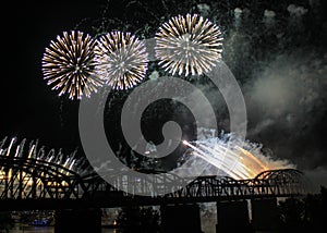 Fireworks Over the Cincinnati Skyline and Railway Bridge