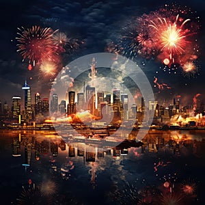 Fireworks over the city with reflection in the water. Panoramic image. Generative AI Generative AI