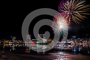 Fireworks over City Skyline of UmeÃ¥, Sweden