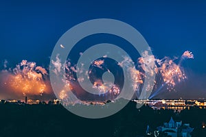 Fireworks over the city of St. Petersburg Russia on the feast of `Scarlet Sails`