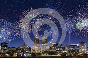 Fireworks over Downtown Portland city skyline in Oregon