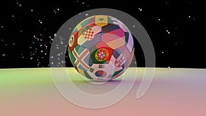 Fireworks over the football with the flags of the 2018 World Cup participants rotating on the white surface, 3D rendering, loop