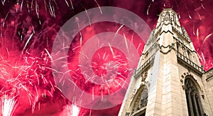 fireworks over the Great gothic church of Saint Germain l Auxerrois, Paris, France