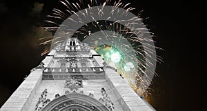 fireworks over the Great gothic church of Saint Germain l Auxerrois, Paris, France