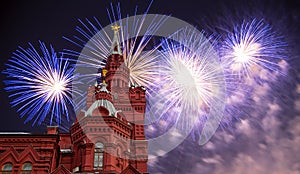 Fireworks over the Historical museum, Red Square, Moscow, Russia