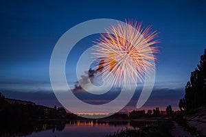 Fireworks Over Lake at Night.