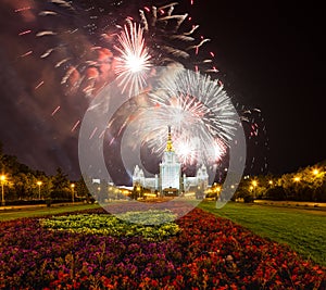 Fireworks over the Lomonosov Moscow State University on Sparrow Hills at night, main building, Russia.