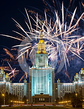 Fireworks over the Lomonosov Moscow State University on Sparrow Hills at night, main building, Russia.