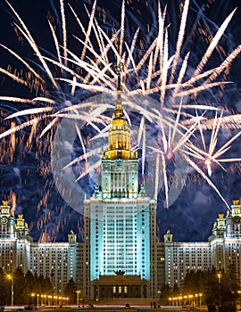 Fireworks over the Lomonosov Moscow State University on Sparrow Hills at night, main building, Russia.