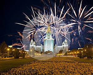 Fireworks over the Lomonosov Moscow State University on Sparrow Hills at night, main building, Russia.