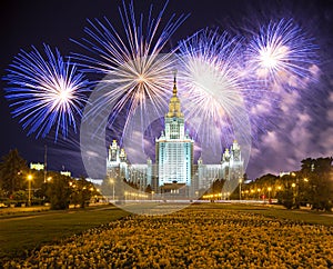 Fireworks over the Lomonosov Moscow State University on Sparrow Hills at night, main building, Russia.
