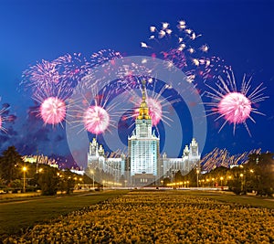 Fireworks over the Lomonosov Moscow State University on Sparrow Hills at night, main building, Russia.