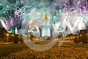 Fireworks over the Lomonosov Moscow State University on Sparrow Hills at night, main building, Russia.