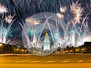 Fireworks over the Lomonosov Moscow State University on Sparrow Hills at night, main building, Russia.