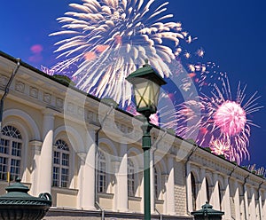 Fireworks over the Manege Exhibition Hall Manege Square near the Kremlin, Moscow. Russia